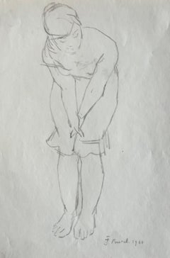 Bleistiftzeichnung einer sich beugenden französischen nackten Frau, Aktstudie, 1960