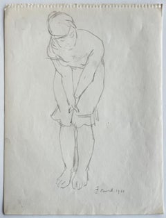 Bleistiftzeichnung einer sich beugenden französischen nackten Frau, Aktstudie, 1960