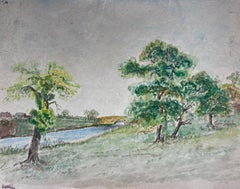 Paisaje francés: árboles, río y puente. Pintura en acuarela. Vista rural