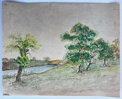 Paisaje francés: árboles, río y puente. Pintura en acuarela. Vista rural