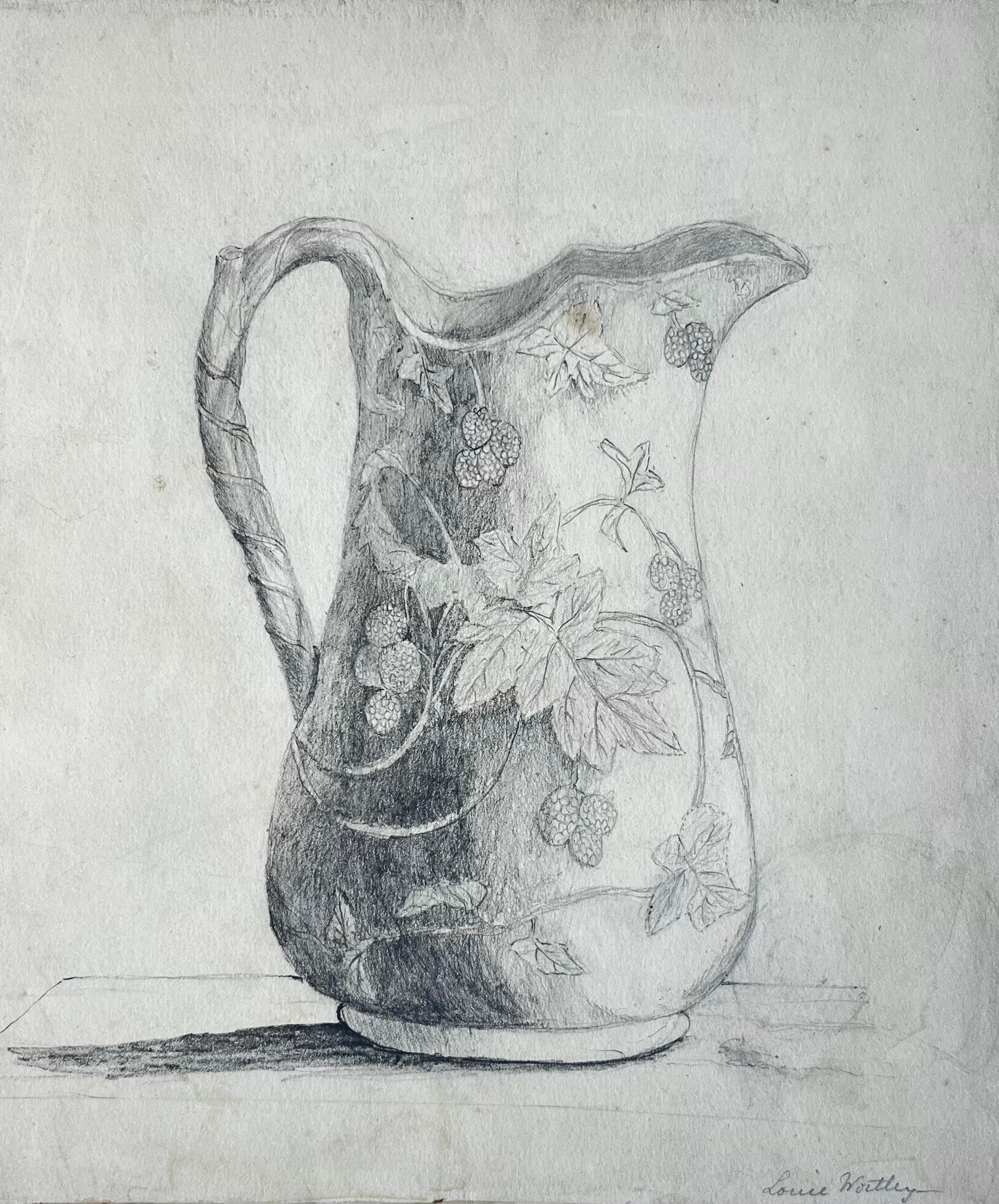 French School Mid 20th Century Still-Life Painting - Louie Wortley Blackberry Floral Jug Pitcher Still Life Pencil Drawing