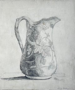 Dibujo a lápiz de Louie Wortley: jarrón con flores y moras, naturaleza muerta