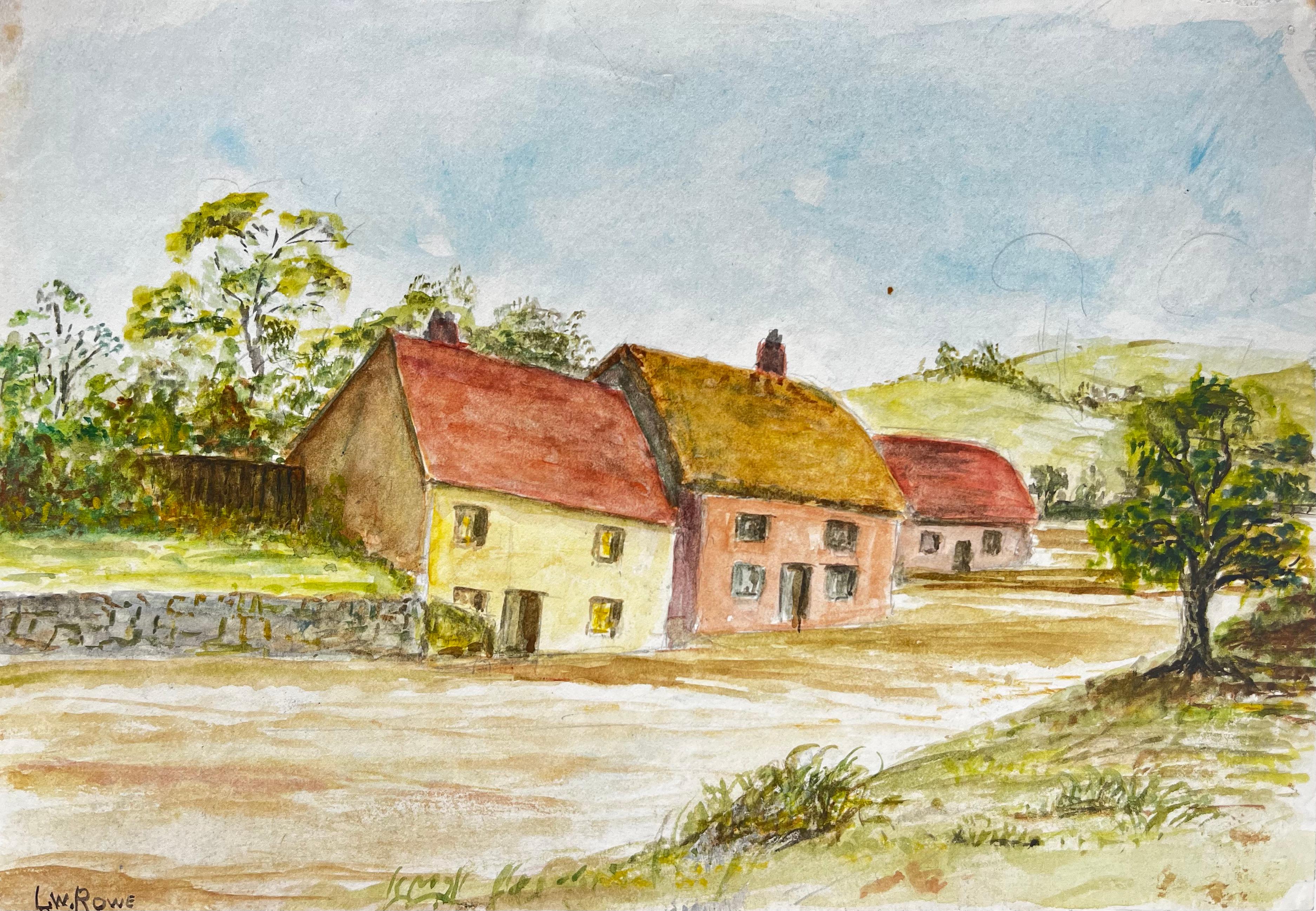 Aquarelle représentant un paysage champêtre avec des cottages de village