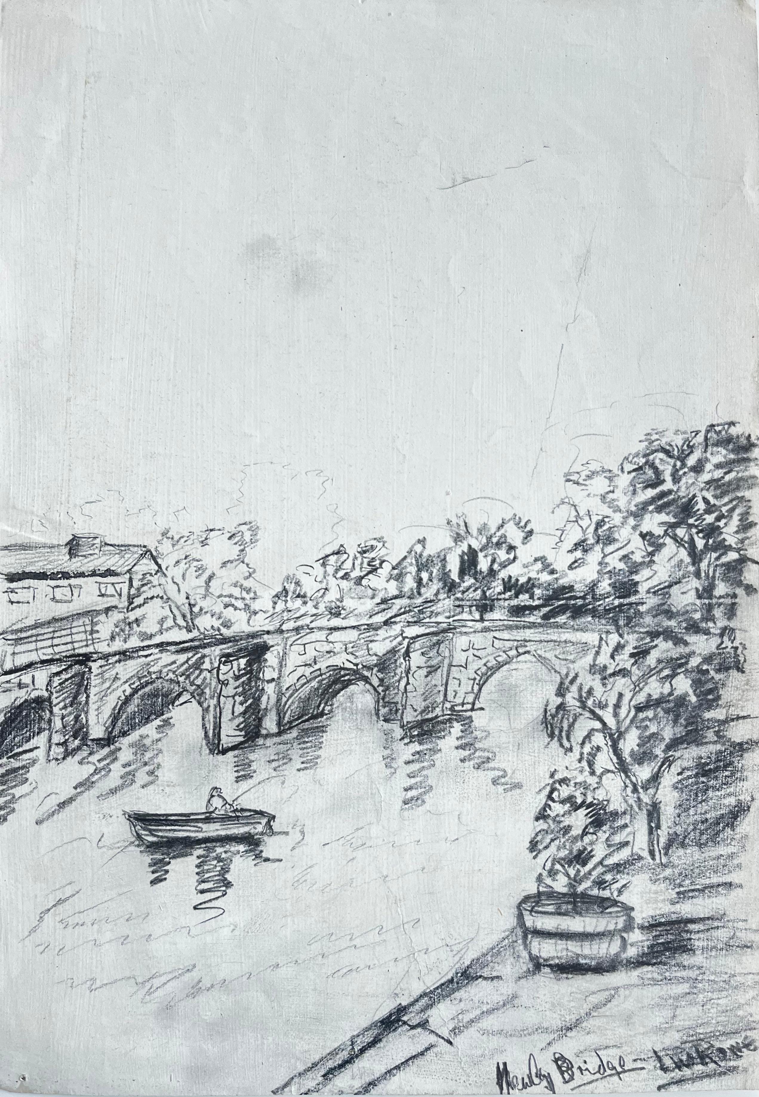 Newley Bridge River Boat Stone Bridge Pencil Sketch Landscape Drawing