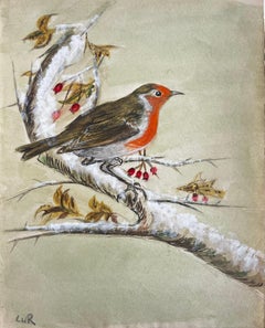 Robin Bird Snowy Branch Berries Wildlife Watercolour Painting