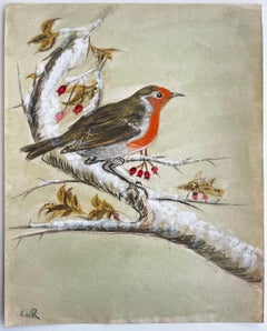 Robin Bird Snowy Branch Berries Wildlife Watercolour Painting