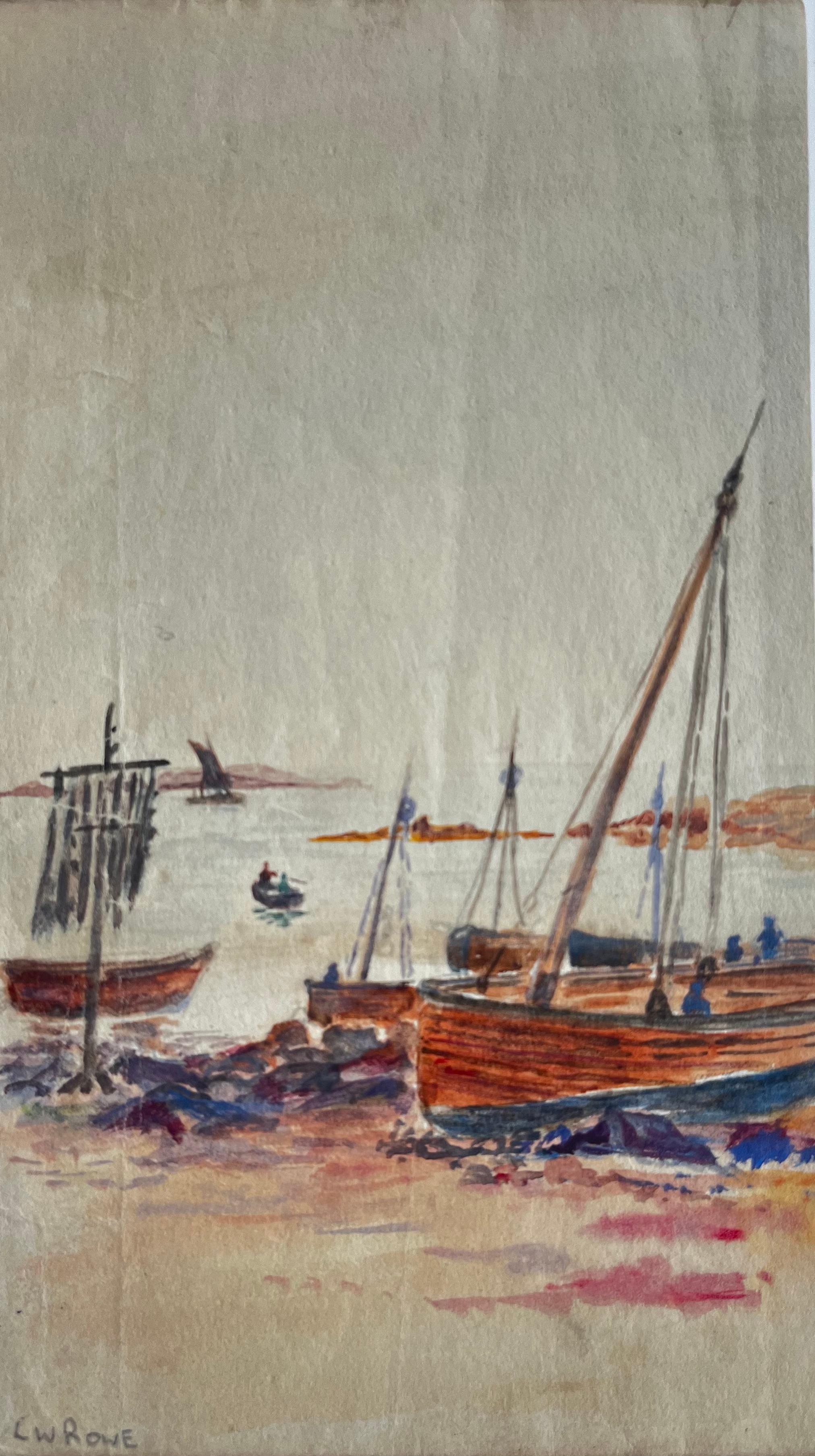 Fishing Boats Harbour Beach Marine Watercolour Painting 1936
