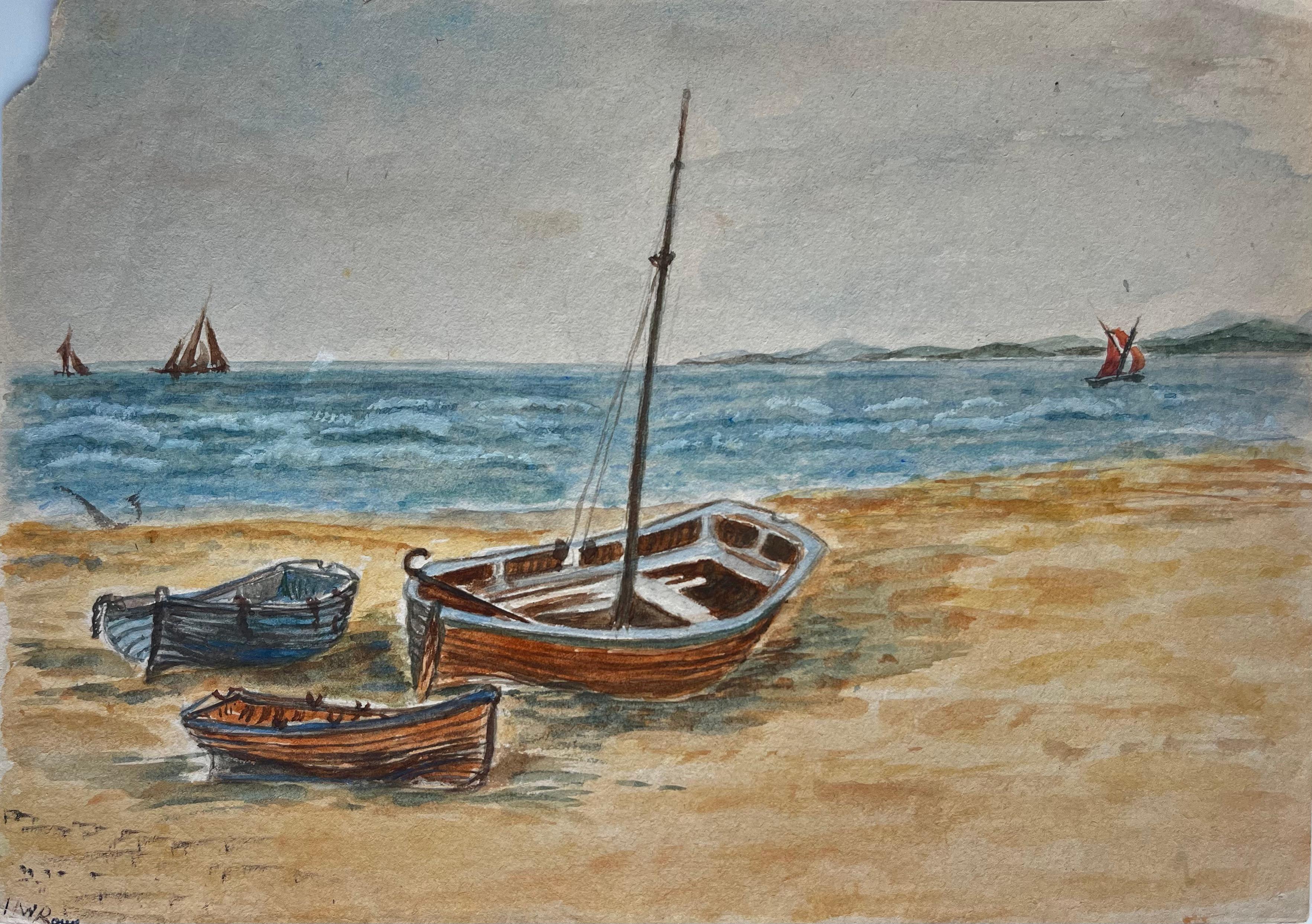 Pintura en acuarela de barcos de pesca, playa, paisaje marino y costa