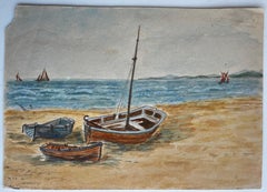 Fishing Boats Beach Seascape Coastal Marine Watercolour Painting
