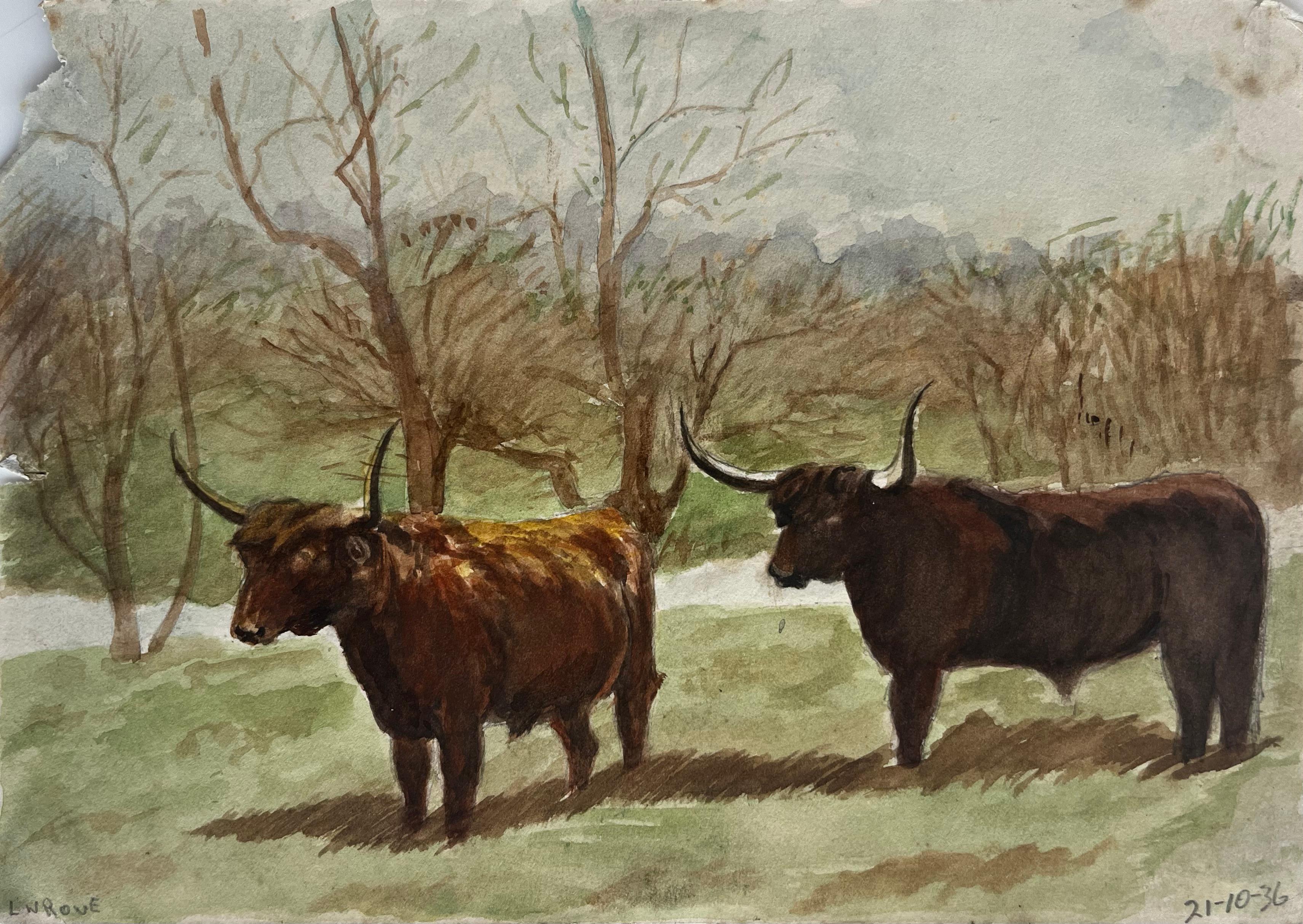 L W Rowe Landscape Art - Scottish Highland Cattle Bulls Country Landscape Watercolour 1936