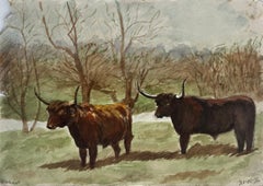 Scottish Highland Cattle Bulls Country Landscape Watercolour 1936