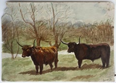 Scottish Highland Cattle Bulls Country Landscape Watercolour 1936