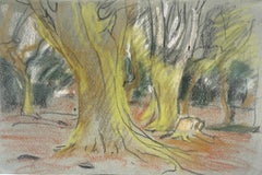 Woodland Trees Forest Landscape Pastel Chalk Drawing on Grey Paper