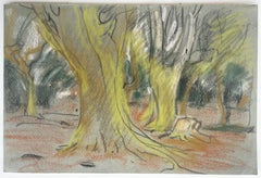 Woodland Trees Forest Landscape Pastel Chalk Drawing on Grey Paper