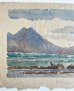 Italian Coastal Mountain Seascape Modernist Watercolour on Handmade Paper