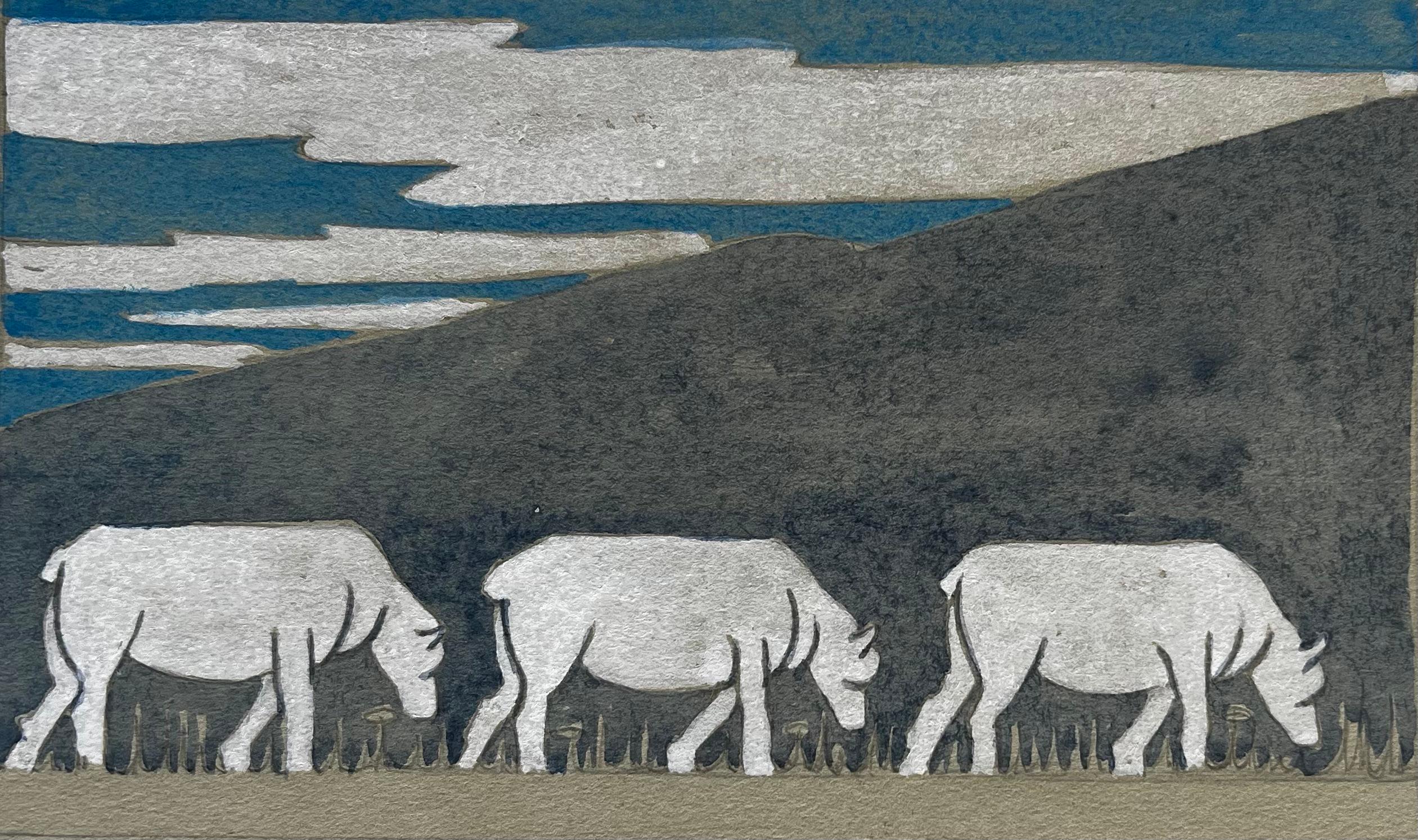 French School Mid 20th Century Landscape Art - White Animals Grazing Art Deco Modernist Landscape Gouache Painting