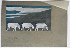 Animali bianchi al pascolo: dipinto a guazzo che raffigura un paesaggio in stile Art Déco e modernista