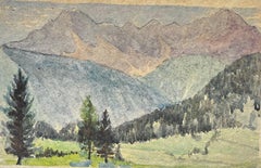 Alpine Mountain Landscape Pine Trees Modernist Watercolour on Handmade Paper