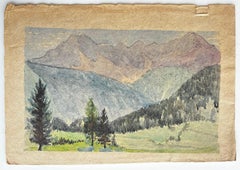 Alpine Mountain Landscape Pine Trees Modernist Watercolour on Handmade Paper