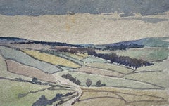 Aquarelle moderniste représentant un paysage champêtre vallonné, sur papier fait main