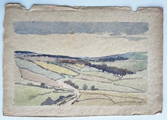 Aquarelle moderniste représentant un paysage champêtre vallonné, sur papier fait main