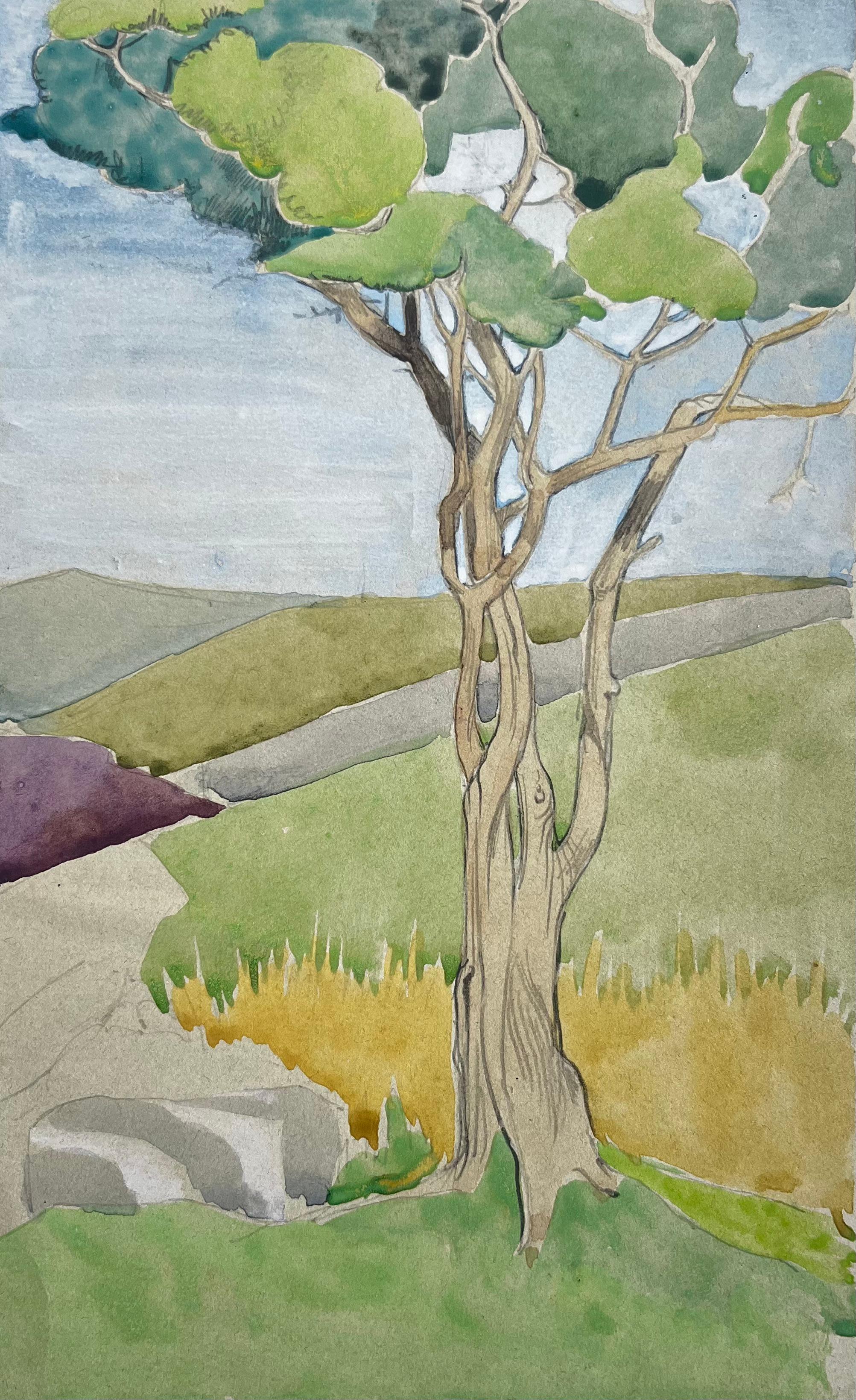 Mediterranean Pine Tree Landscape Modernist Watercolour on Handmade Paper