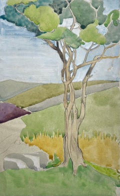 Mediterranean Pine Tree Landscape Modernist Watercolour on Handmade Paper