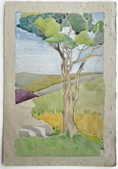 Mediterranean Pine Tree Landscape Modernist Watercolour on Handmade Paper
