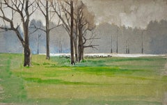 Paisaje modernista de árboles desnudos en un parque verde. Acuarela sobre papel artesanal