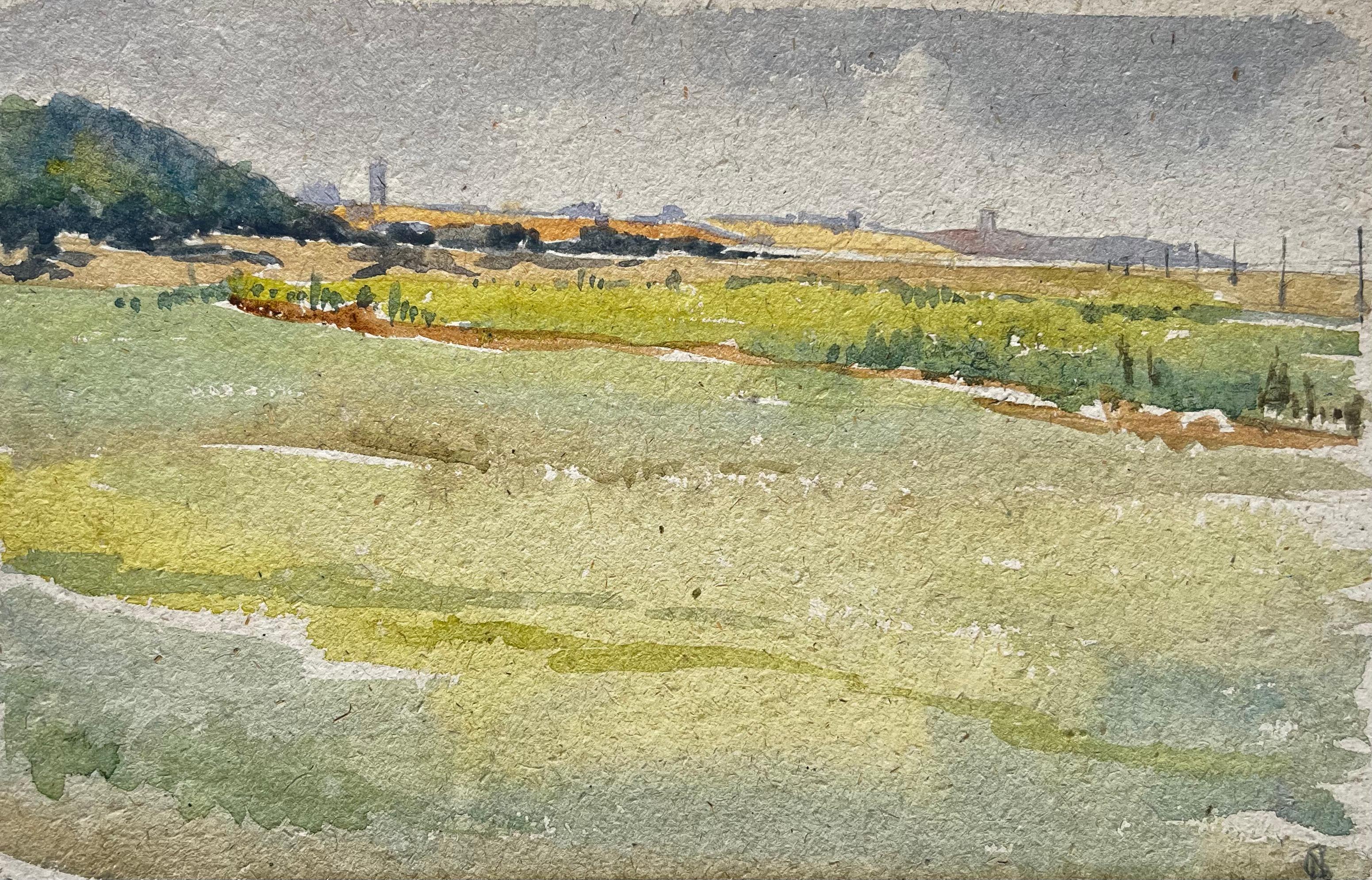 Green Fields Country Landscape Modernist Watercolour on Handmade Paper