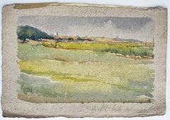 Green Fields Country Landscape Modernist Watercolour on Handmade Paper