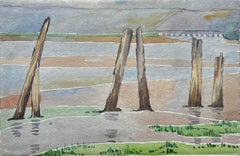 Coastal Groynes Tidal Flats Modernist Watercolour on Handmade Paper