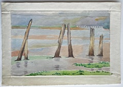 Coastal Groynes Tidal Flats Modernist Watercolour on Handmade Paper