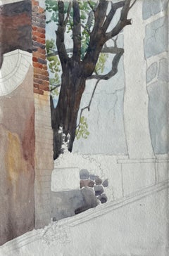 Estudio en acuarela sobre papel de un patio arquitectónico con un árbol y un muro de ladrillo