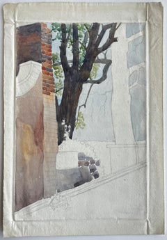 Estudio en acuarela sobre papel de un patio arquitectónico con un árbol y un muro de ladrillo