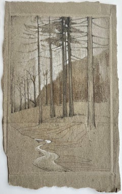 Forest Trees Woodland Path Charcoal Chalk Drawing on Paper