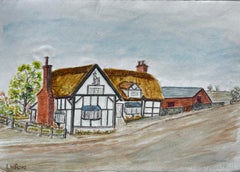 White Lion Bottomley Crew Tudor Thatched Cottage Watercolour Painting