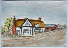 White Lion Bottomley Crew Tudor Thatched Cottage Watercolour Painting