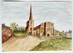 Astbury Church English Village Gothic Architecture Watercolour Painting