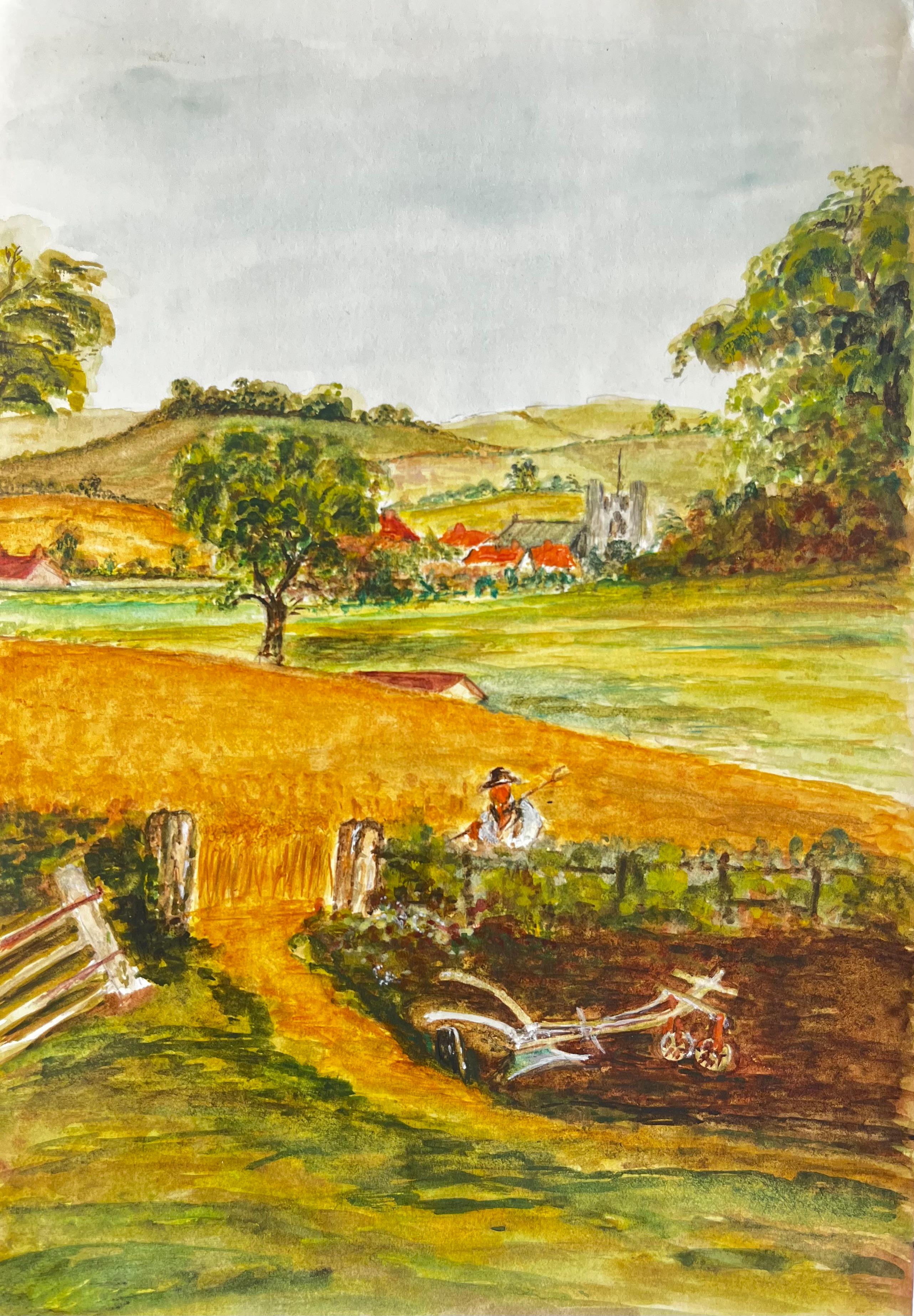Dipinto ad acquerello raffigurante un paesaggio rurale inglese con una chiesa nel villaggio di Harvest Field