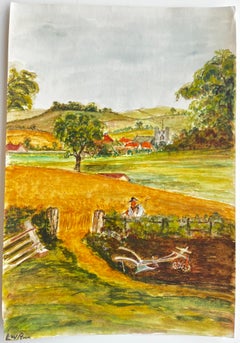 English Harvest Field Village Church Country Landscape Watercolour Painting
