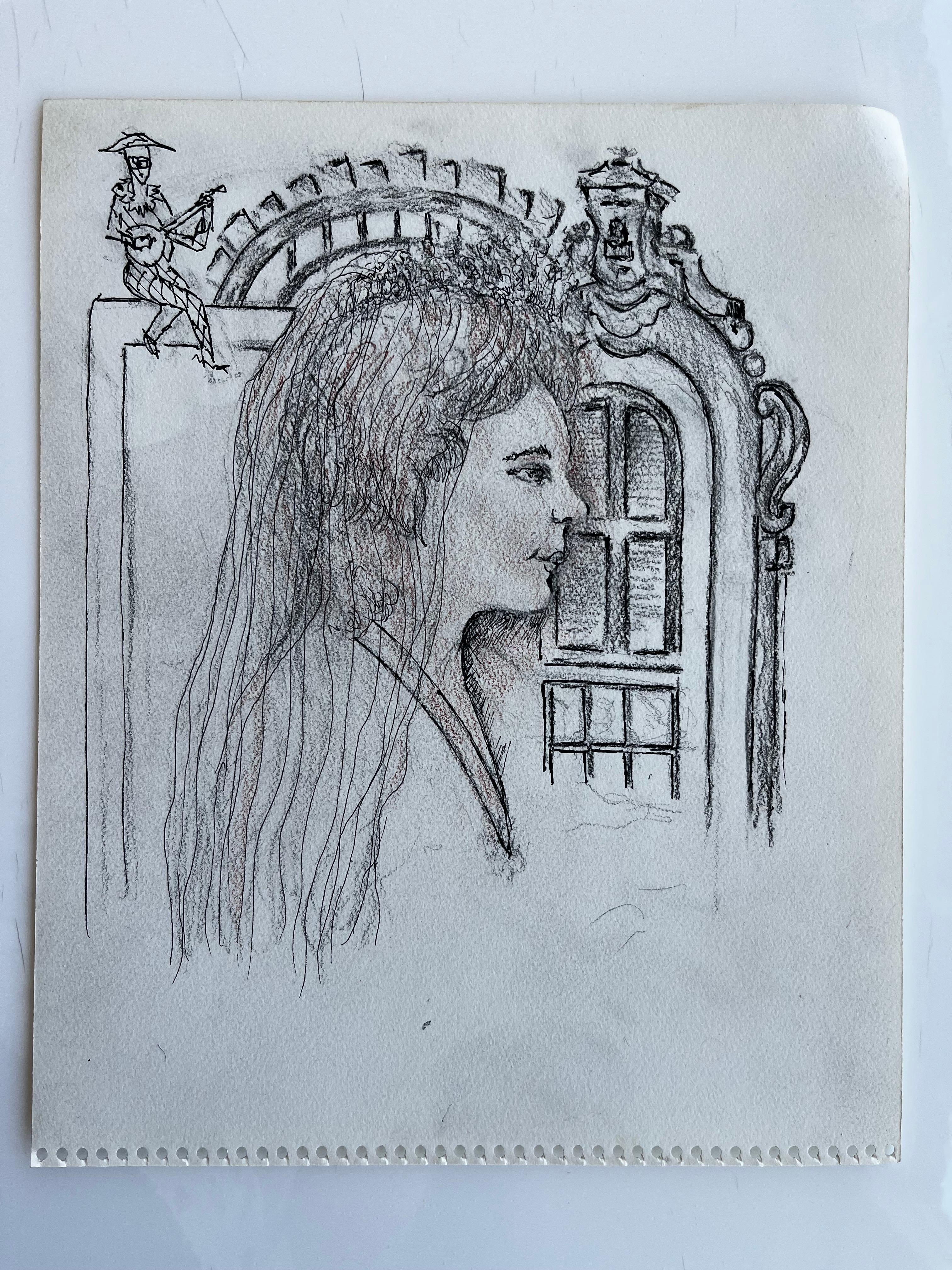 Portrait Painting French School Mid 20th Century - Portrait d'une Vénitienne, pont, architecture, dessin à l'encre sur papier