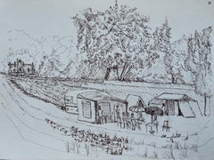 Jardin, café, terrasse, maison, arbres, personnages : dessin à l'encre européenne sur papier