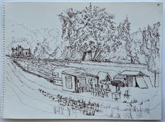 Jardin, café, terrasse, maison, arbres, personnages : dessin à l'encre européenne sur papier