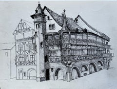 Title: Garden Cafe Terrace House Trees Figures European Ink Drawing on Paper Art