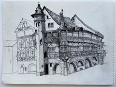 Title: Garden Cafe Terrace House Trees Figures European Ink Drawing on Paper Art