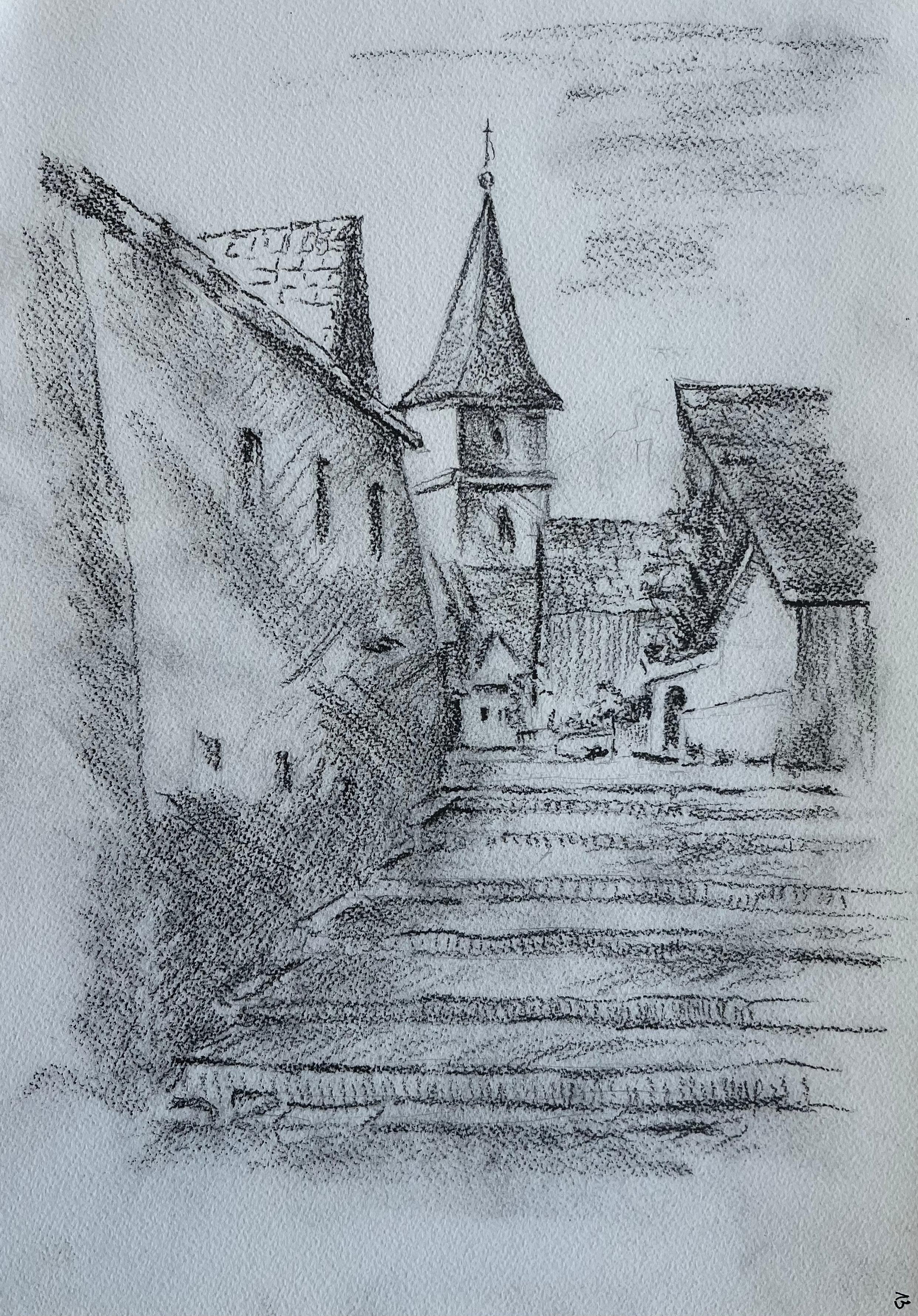 European Village Church Street Architectural Pencil Drawing on Paper