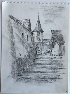 European Village Church Street Architectural Pencil Drawing on Paper