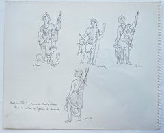 Versailles Garden Statue Studies French Ink Watercolour Drawing on Paper