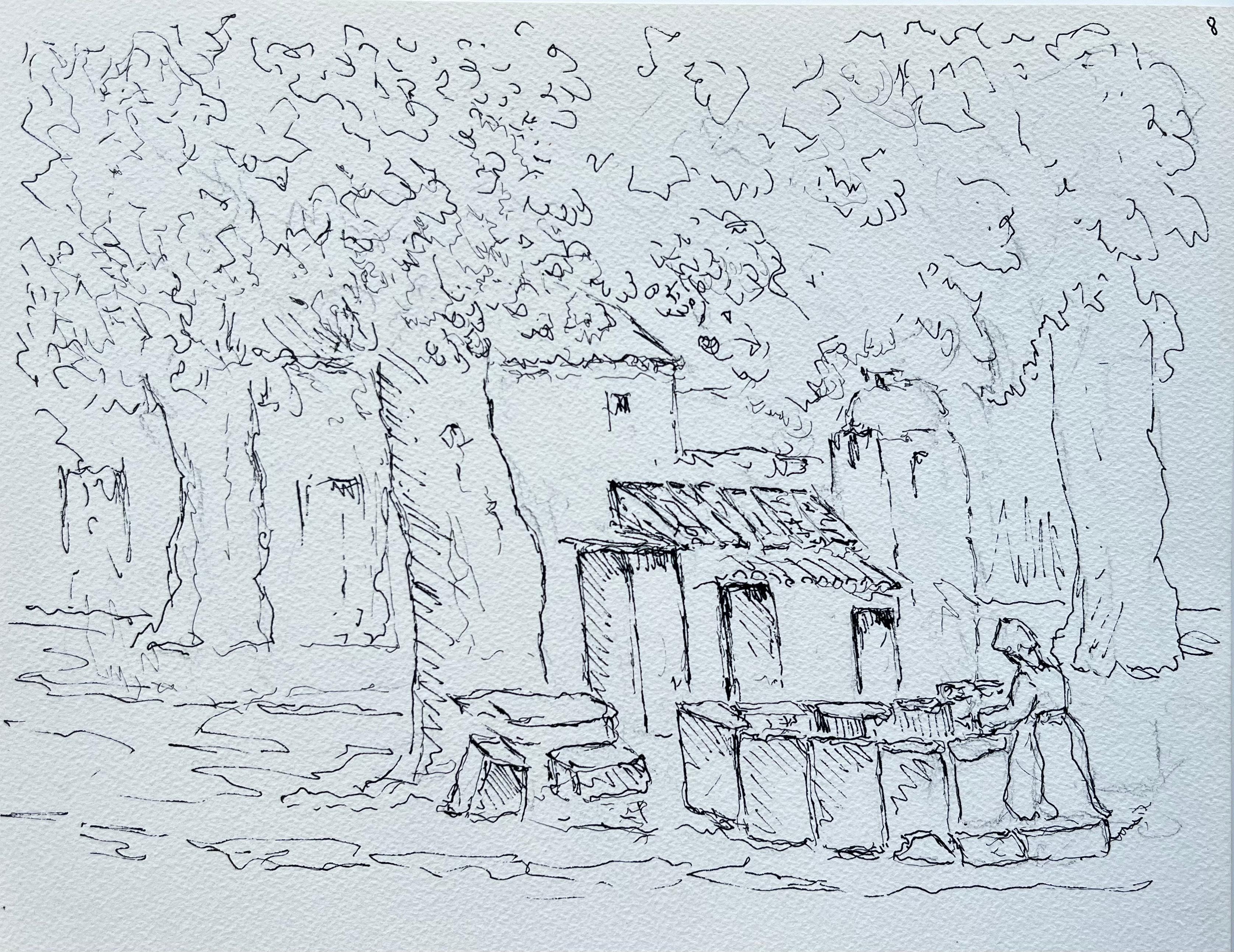 French Village Courtyard Washerwoman Ink Drawing Trees Cottage Study